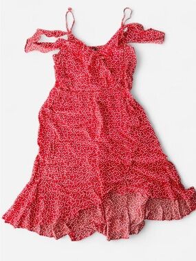 Express red and white polka dot ruffle midi dress